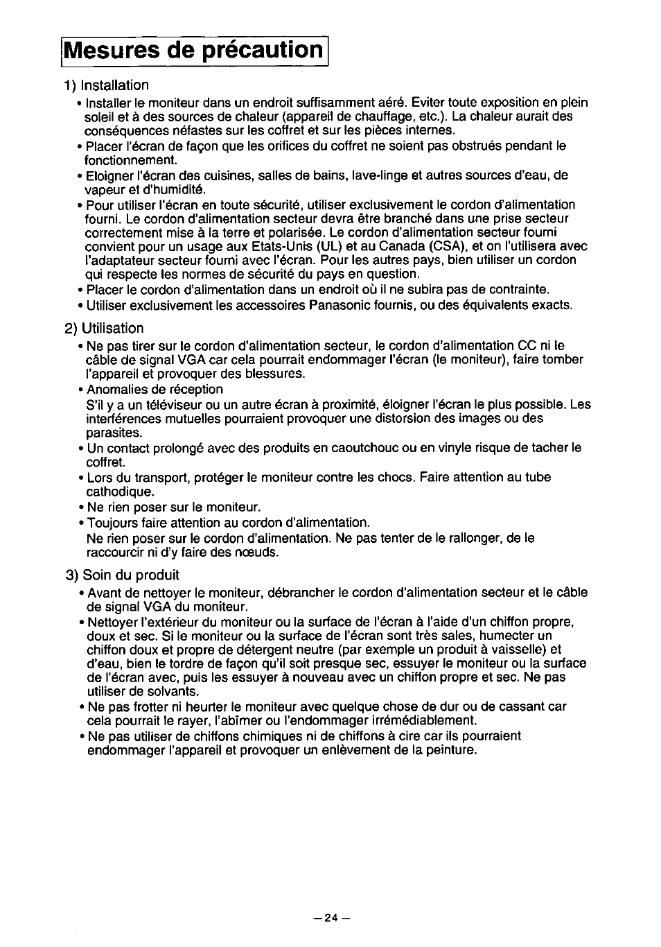 Mesures de précaution | Panasonic PanaSync S110 User Manual | Page 30 / 72