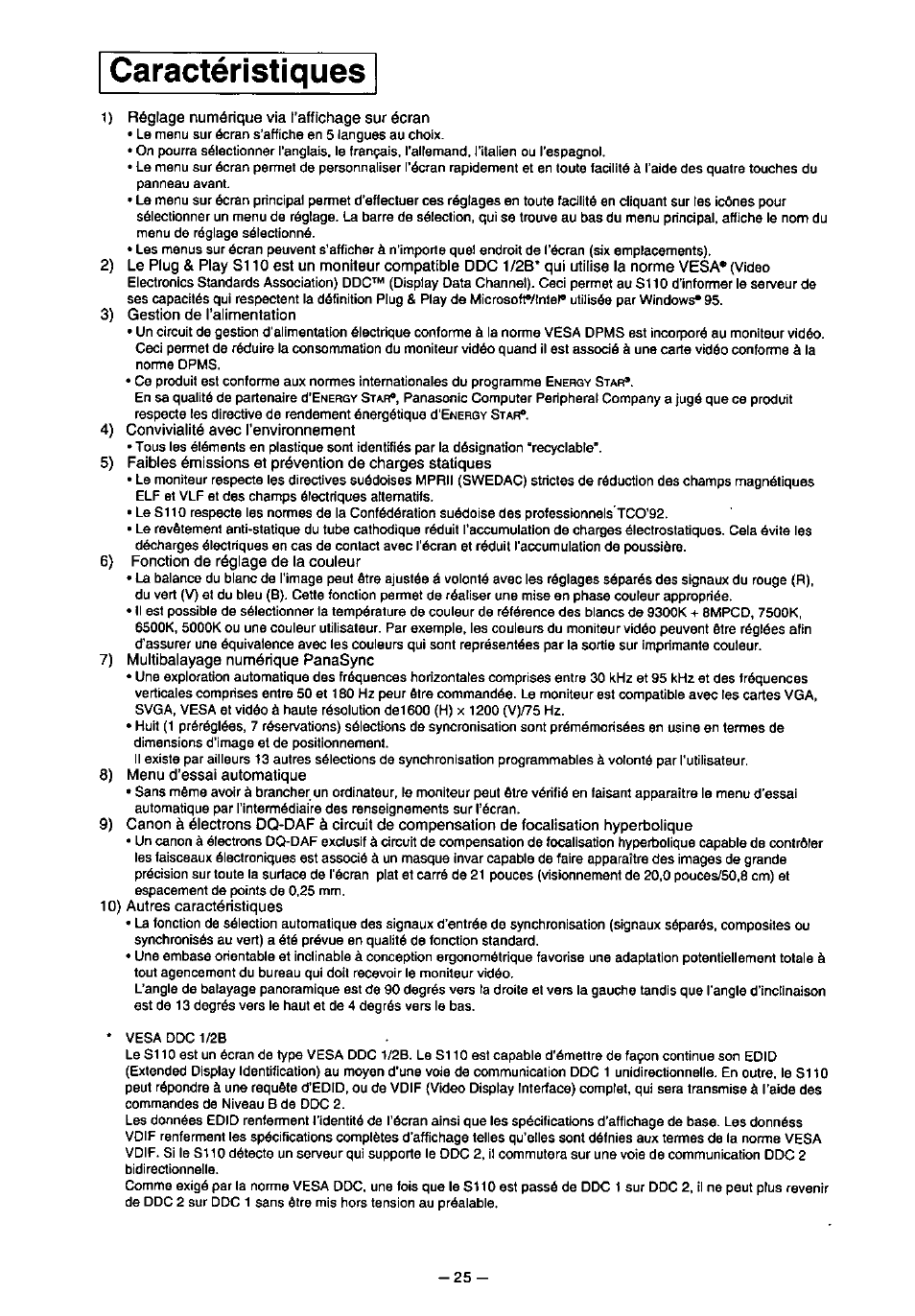 Caractéristiques | Panasonic PanaSync S110 User Manual | Page 31 / 72