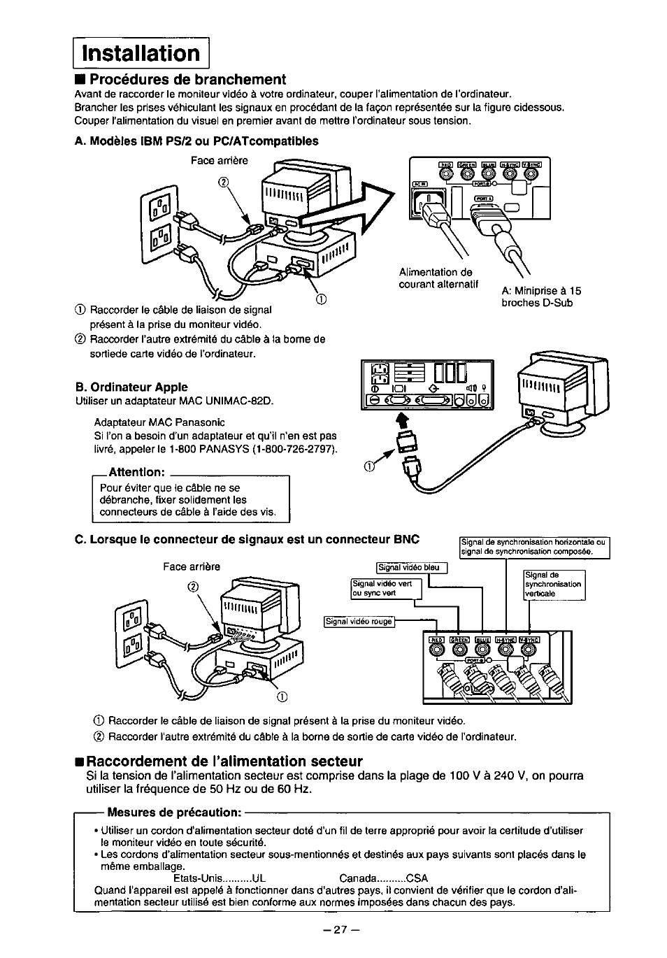 Installation, Procédures de branchement, Raccordement de talimentation secteur | Panasonic PanaSync S110 User Manual | Page 33 / 72