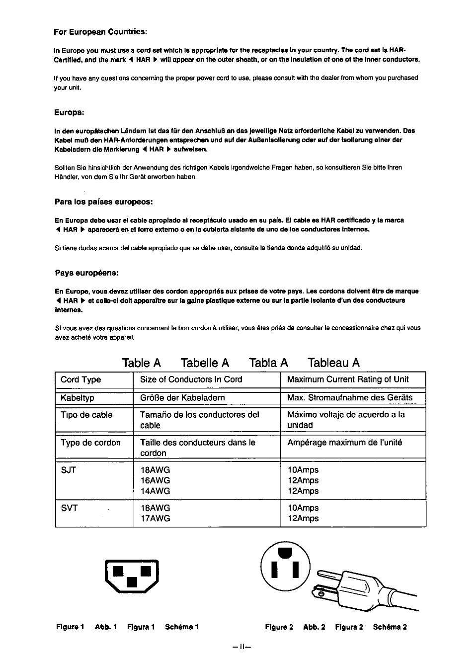 Table a tabelle a tabla a tableau a | Panasonic PanaSync S110 User Manual | Page 4 / 72