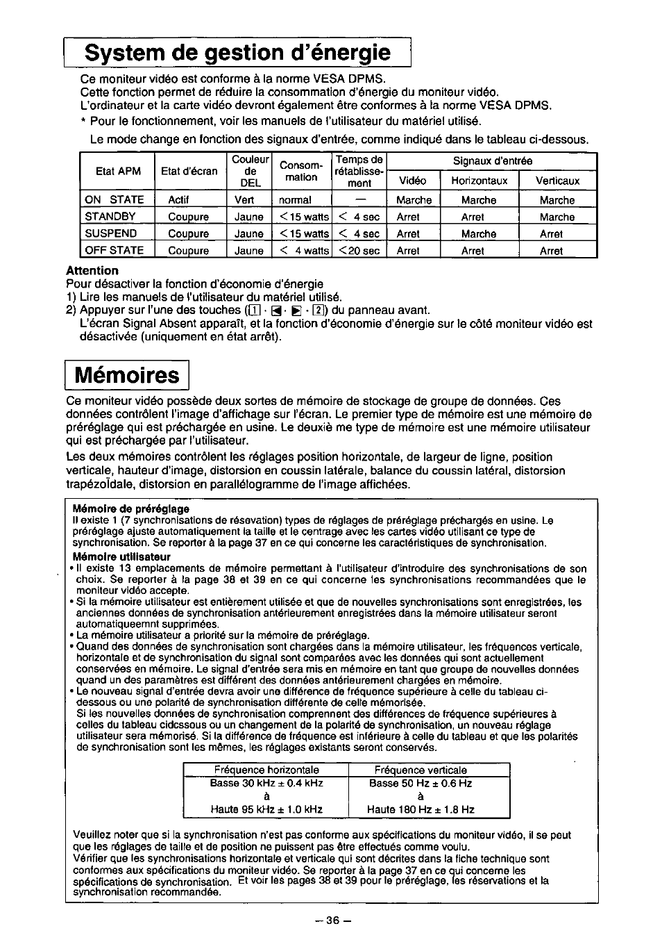 System de gestion d’énergie, Mémoires | Panasonic PanaSync S110 User Manual | Page 42 / 72