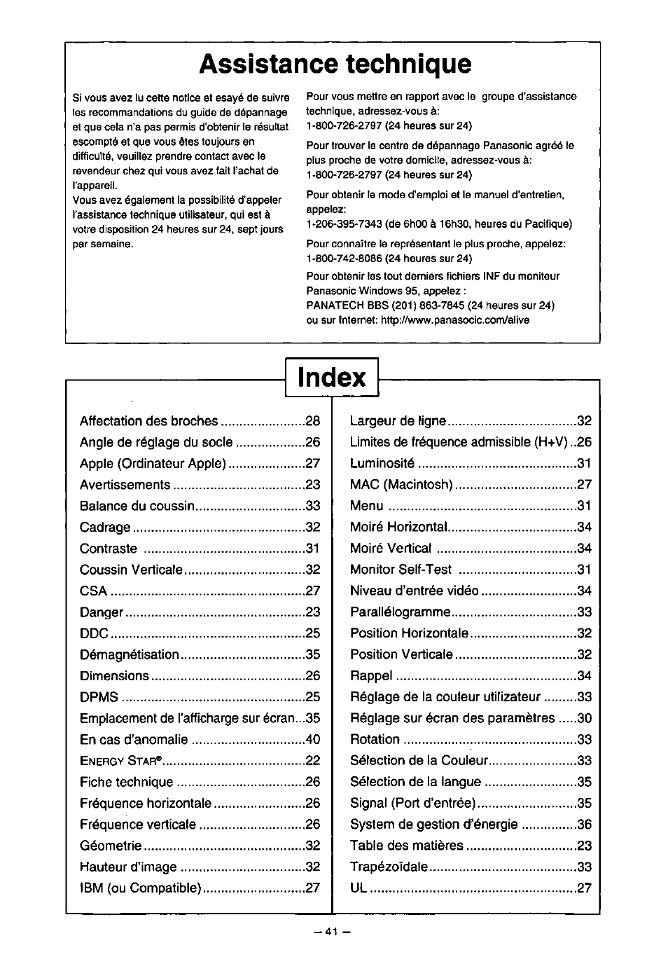 Assistance technique, Index | Panasonic PanaSync S110 User Manual | Page 47 / 72