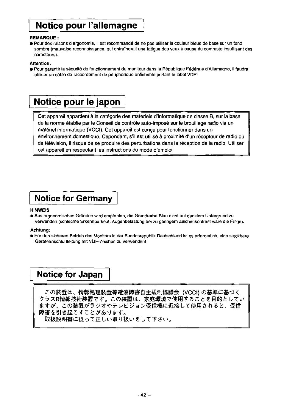 Notice pour l’allemagne, Notice pour le japon, Notice for germany | Notice for japan, Z t is, Miiítocí:éotieu'utjffii,'s uttii'o | Panasonic PanaSync S110 User Manual | Page 48 / 72