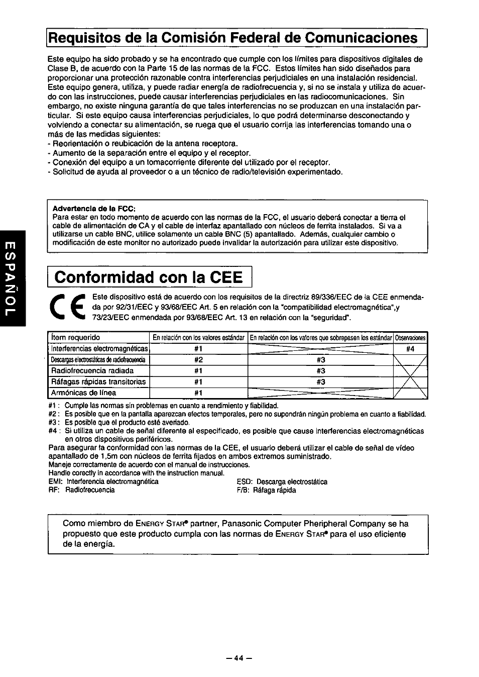 Conformidad con la cee | Panasonic PanaSync S110 User Manual | Page 50 / 72