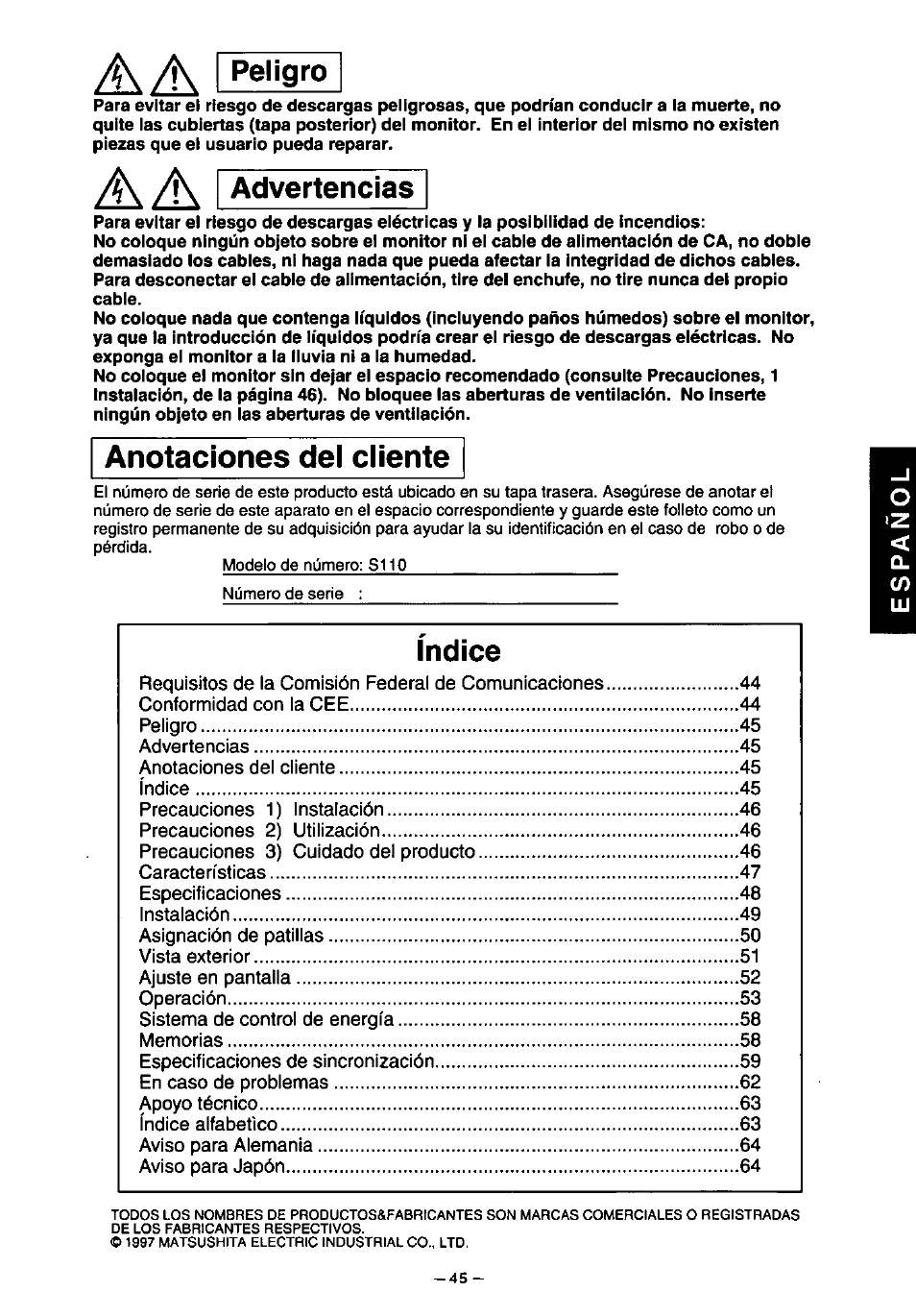 Aa i peligro, Advertencias, Anotaciones del cliente | Indice | Panasonic PanaSync S110 User Manual | Page 51 / 72