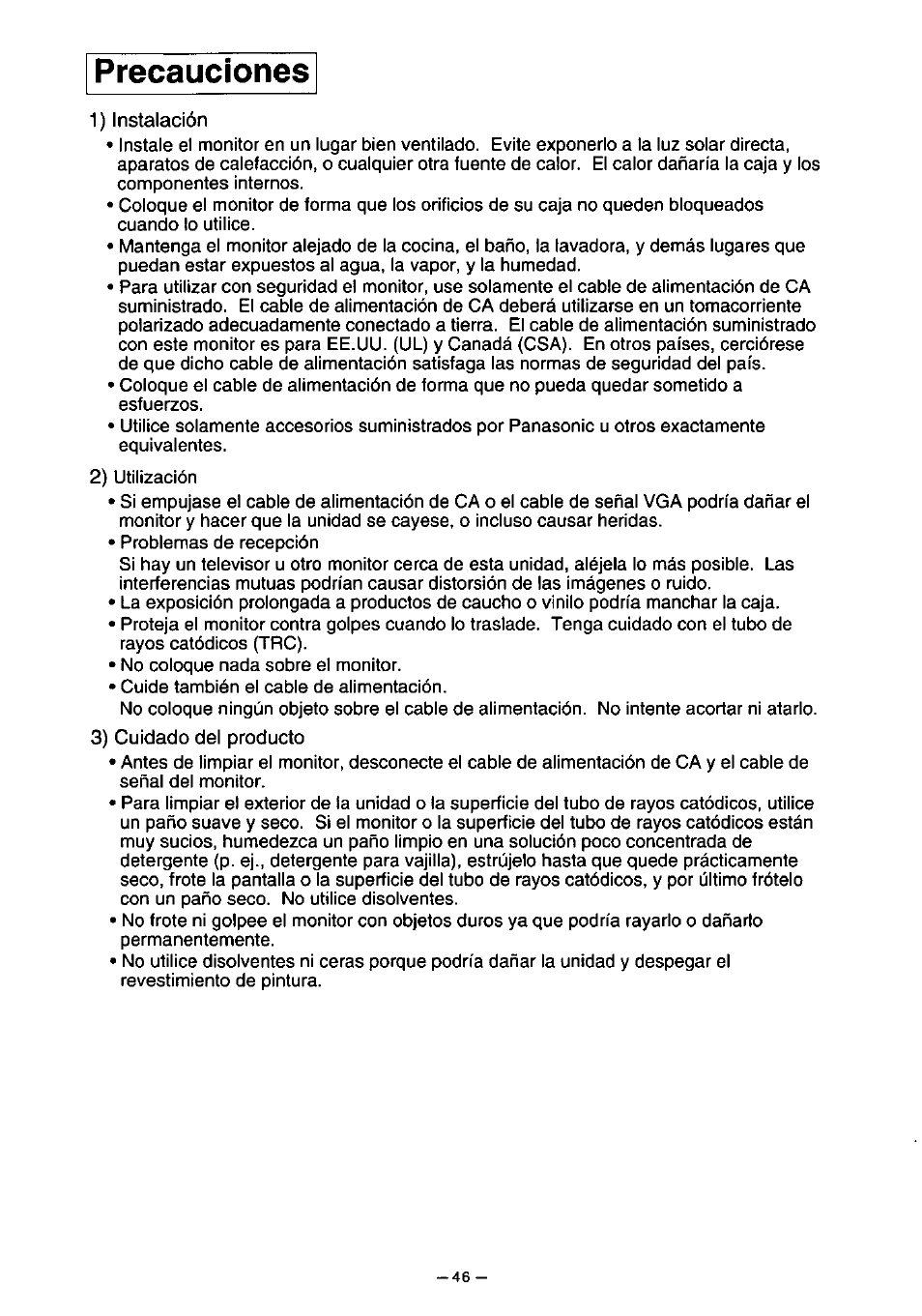 Precauciones | Panasonic PanaSync S110 User Manual | Page 52 / 72