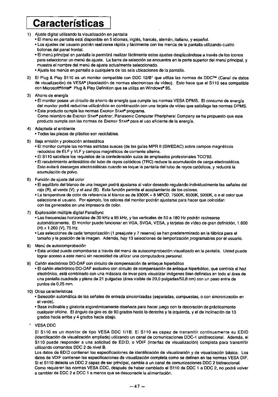 Características | Panasonic PanaSync S110 User Manual | Page 53 / 72