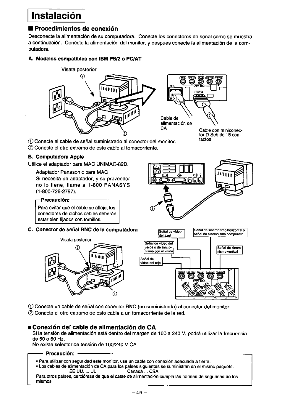 I—precaución, C. conector de señal bnc de la computadora, Precaución | Instalación, Procedimientos de conexión, Conexión del cable de alimentación de ca | Panasonic PanaSync S110 User Manual | Page 55 / 72