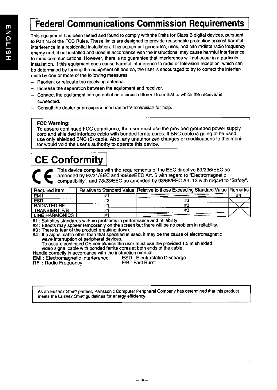 Ce conformity, Federal communications commission requirements | Panasonic PanaSync S110 User Manual | Page 6 / 72