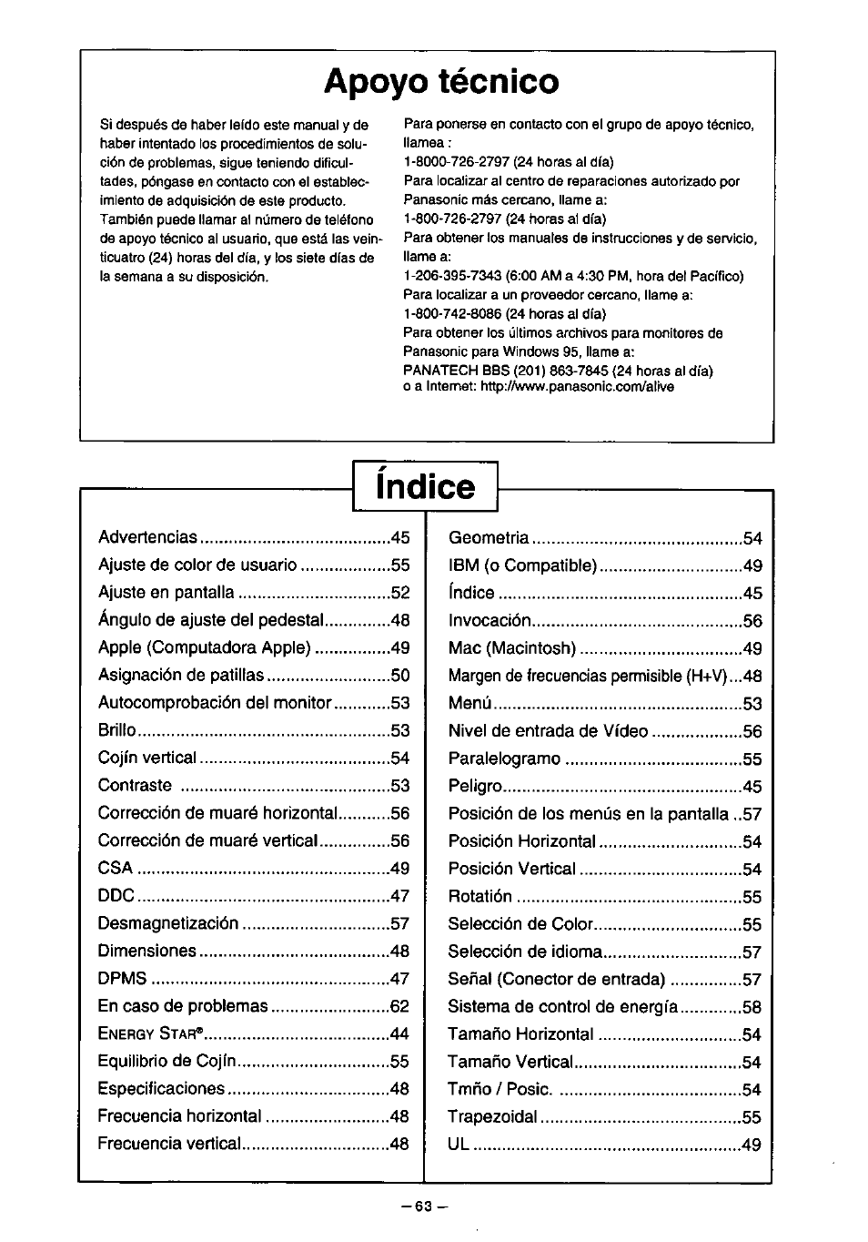 Apoyo técnico | Panasonic PanaSync S110 User Manual | Page 69 / 72