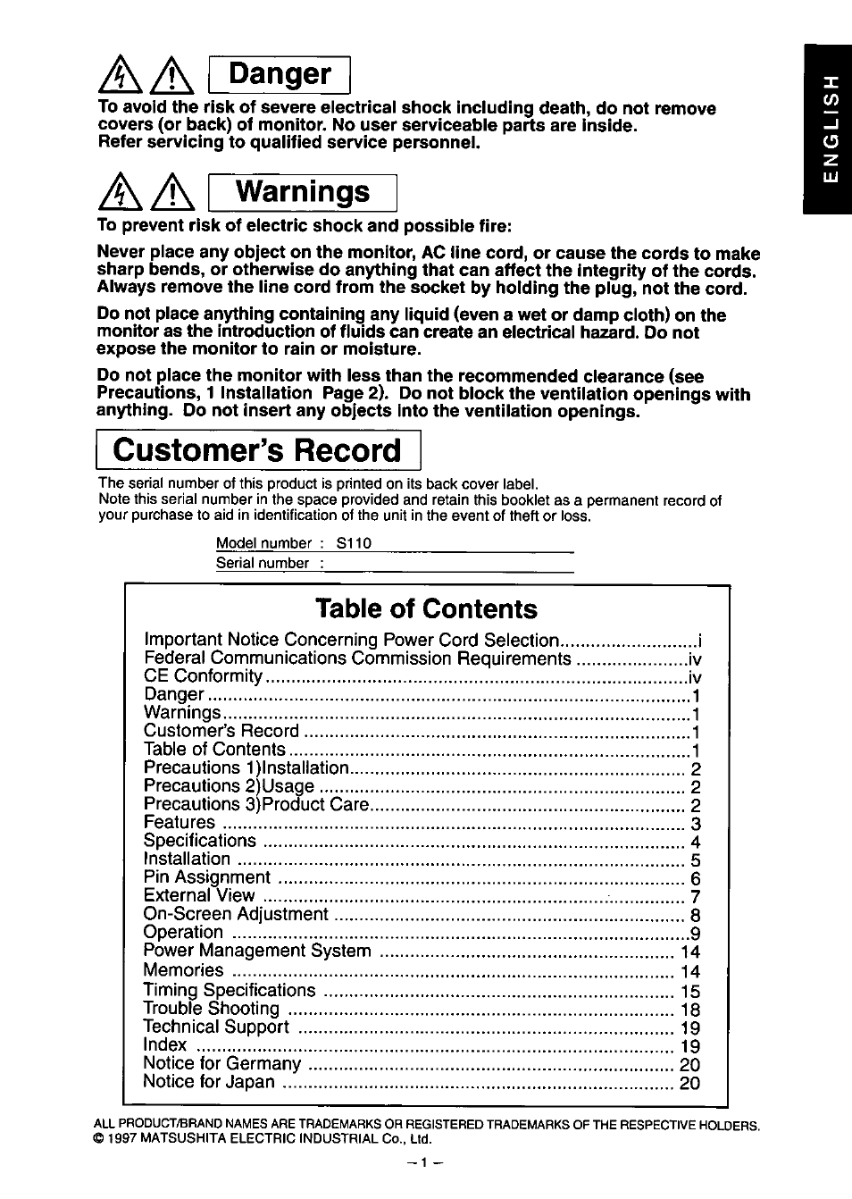 Panasonic PanaSync S110 User Manual | Page 7 / 72
