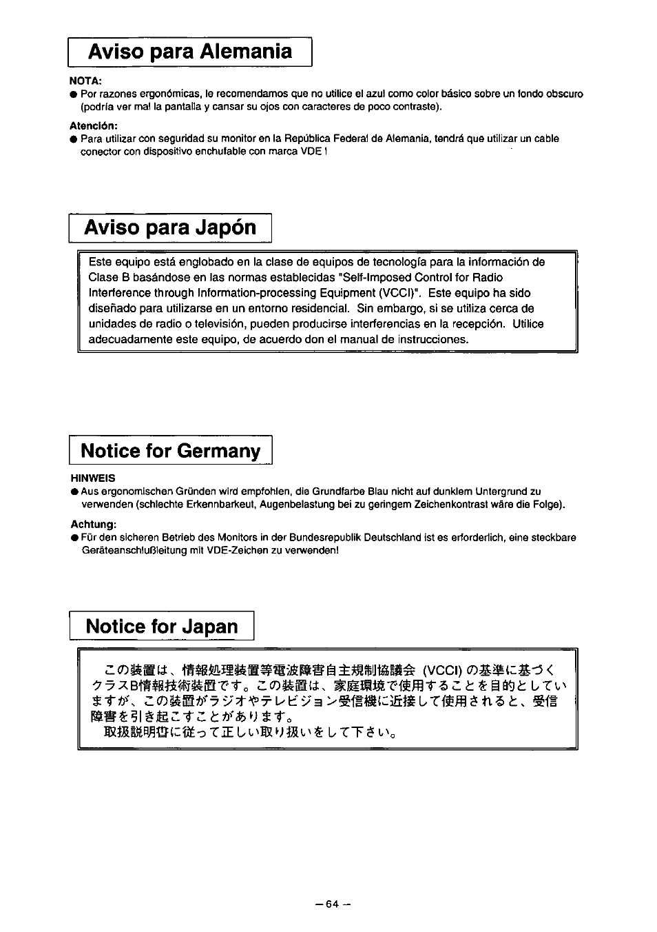 Aviso para alemania, Aviso para japón, Notice for germany | Notice for japan | Panasonic PanaSync S110 User Manual | Page 70 / 72