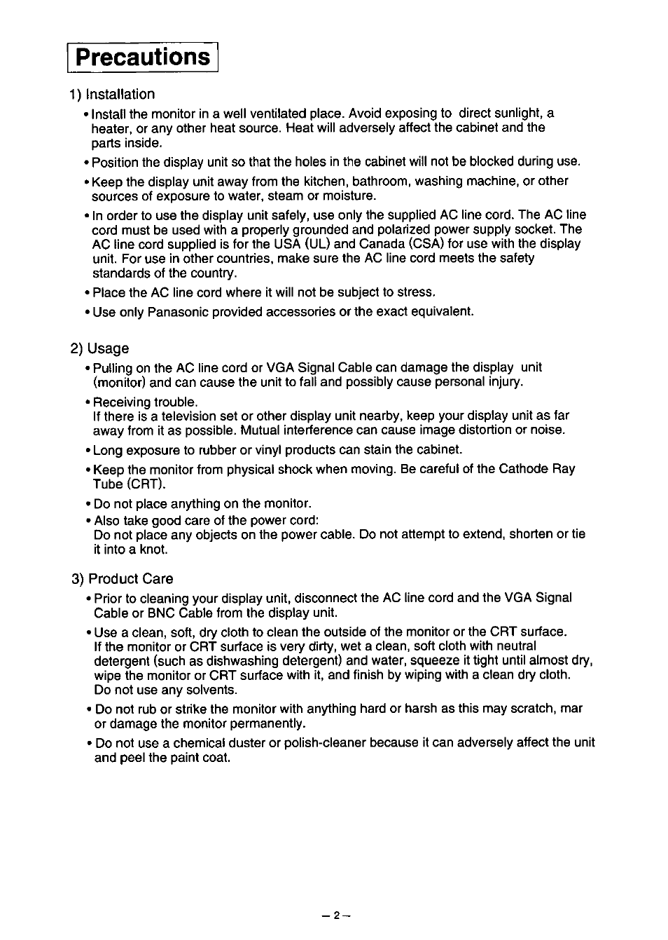 Precautions | Panasonic PanaSync S110 User Manual | Page 8 / 72