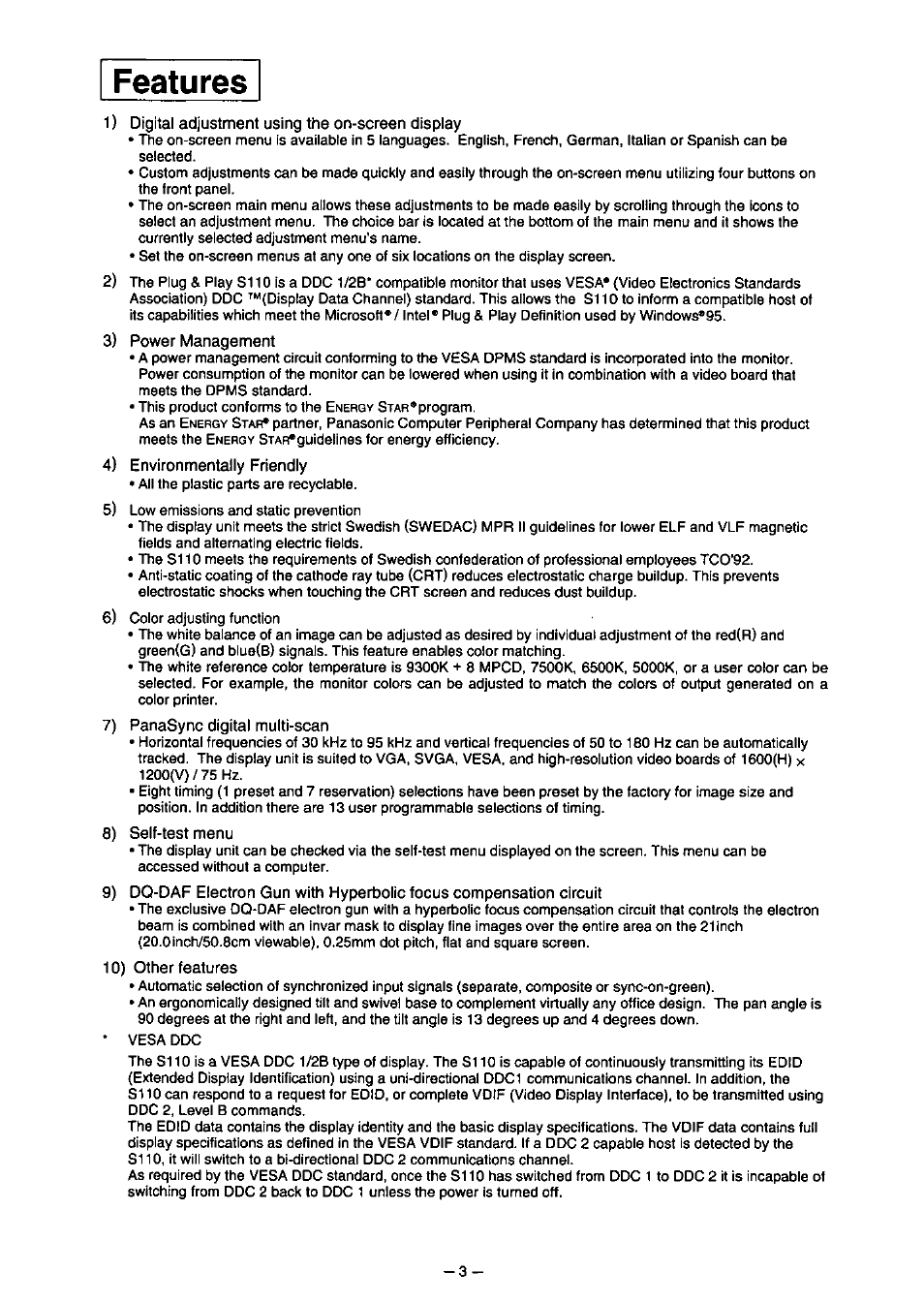 Features, Environmentally friendly, Panasync digital multi-scan | Self-test menu, 10) other features | Panasonic PanaSync S110 User Manual | Page 9 / 72