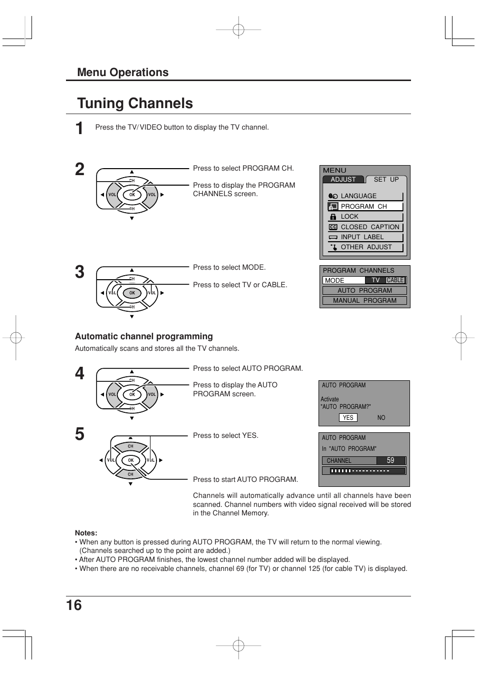 Tuning channels, 16 tuning channels, Menu operations | Panasonic TC-20LA2 User Manual | Page 16 / 40