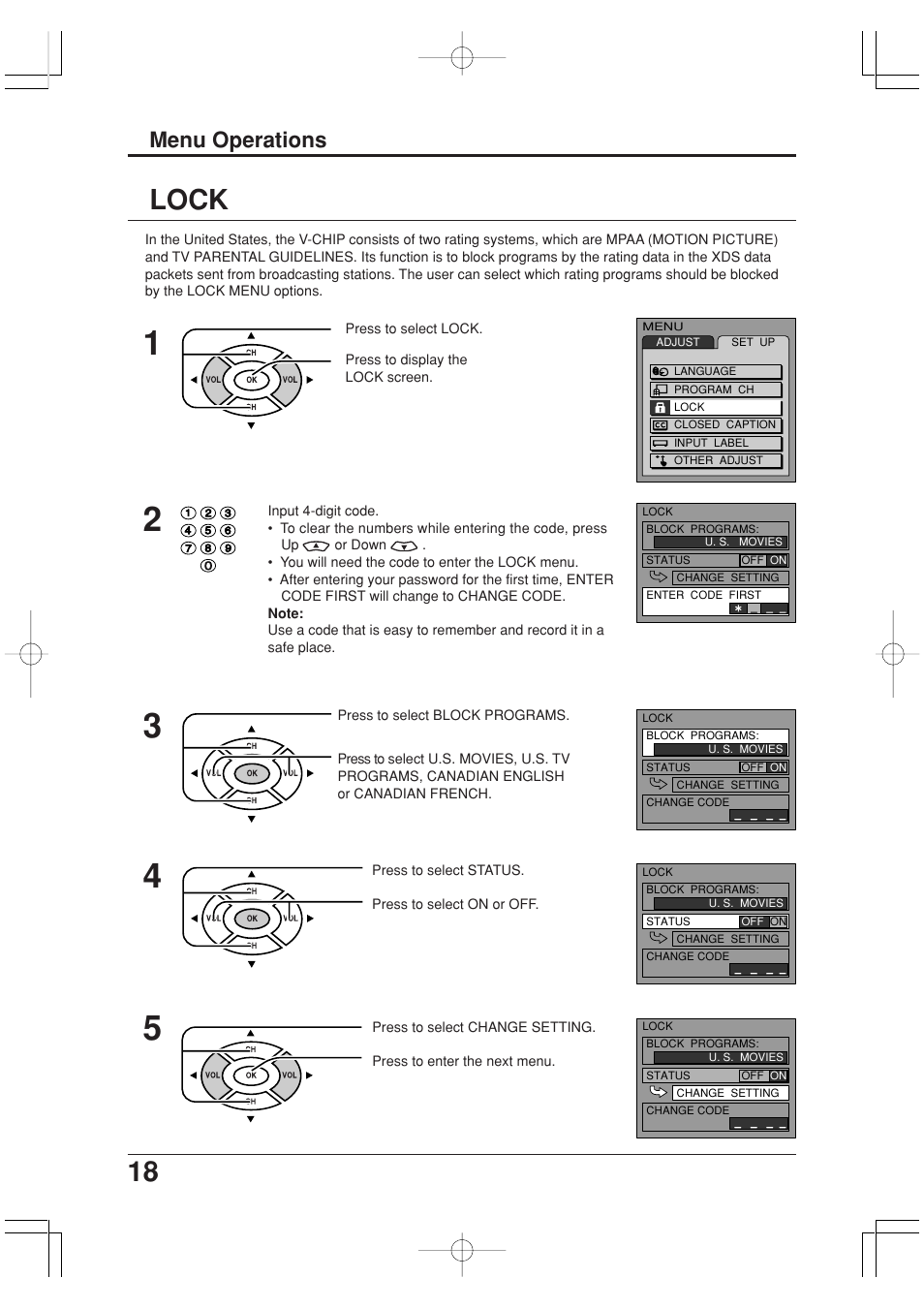 Lock, Menu operations | Panasonic TC-20LA2 User Manual | Page 18 / 40