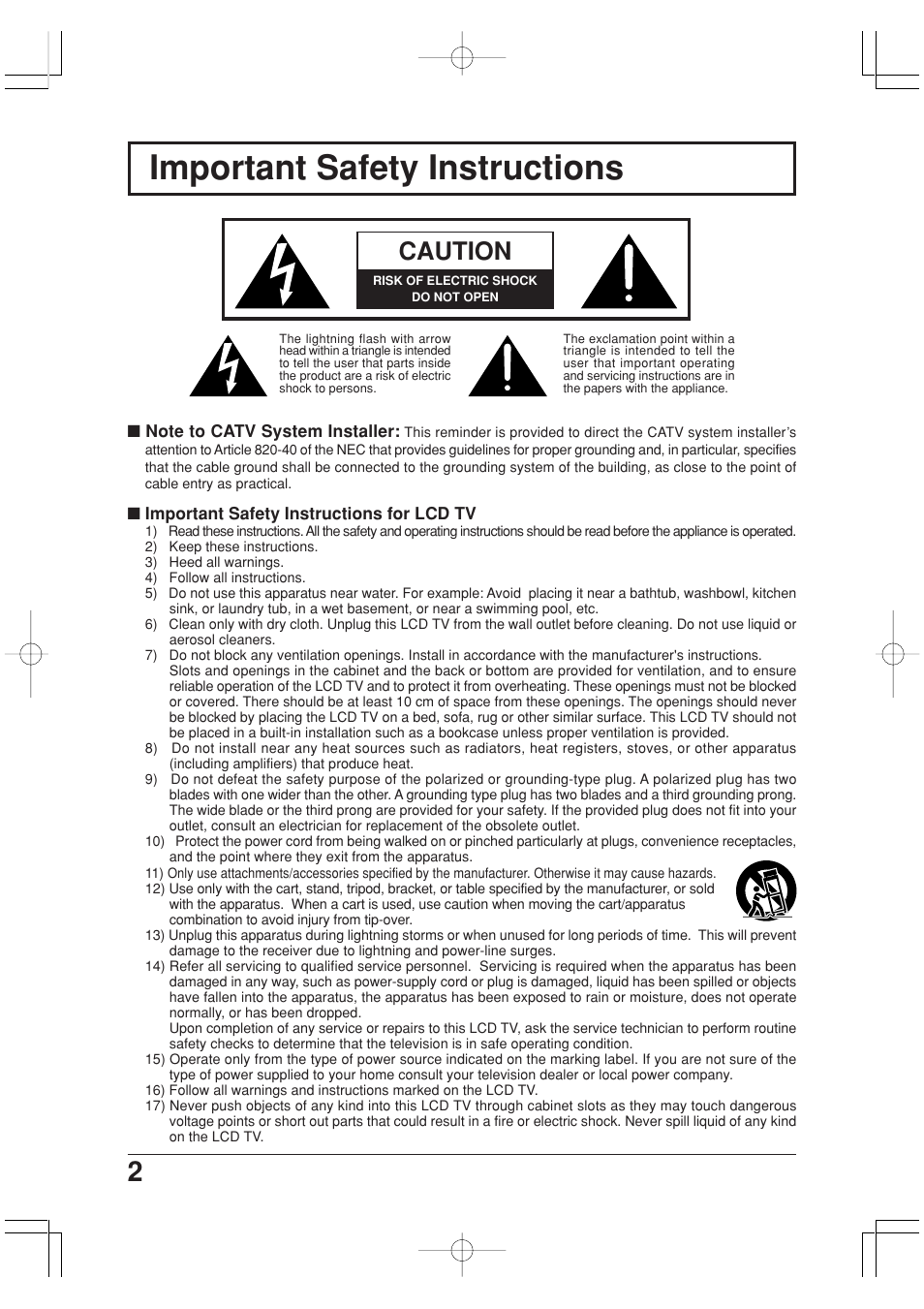 Important safety instructions, Caution | Panasonic TC-20LA2 User Manual | Page 2 / 40