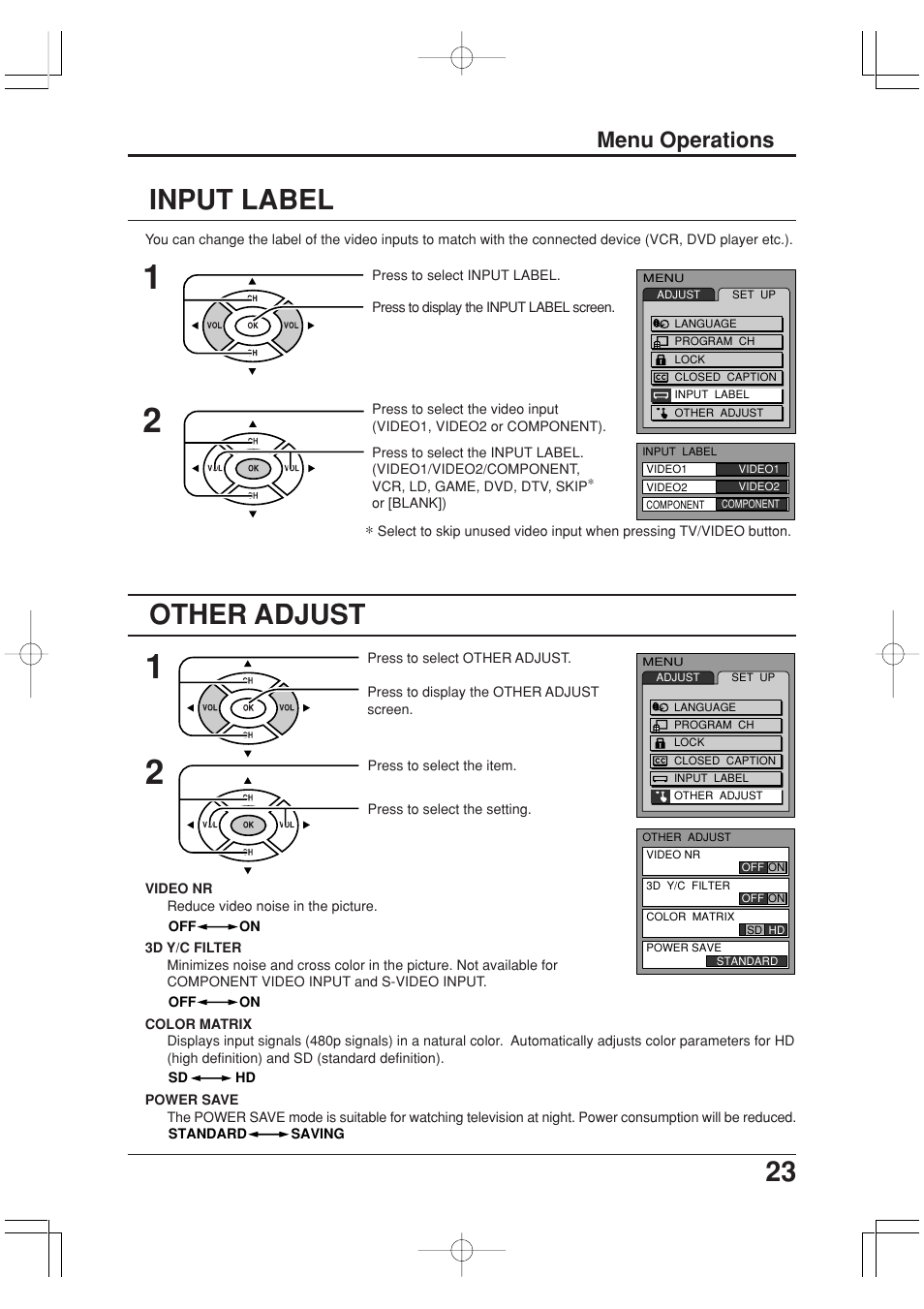 Input label, Other adjust, Menu operations | Panasonic TC-20LA2 User Manual | Page 23 / 40