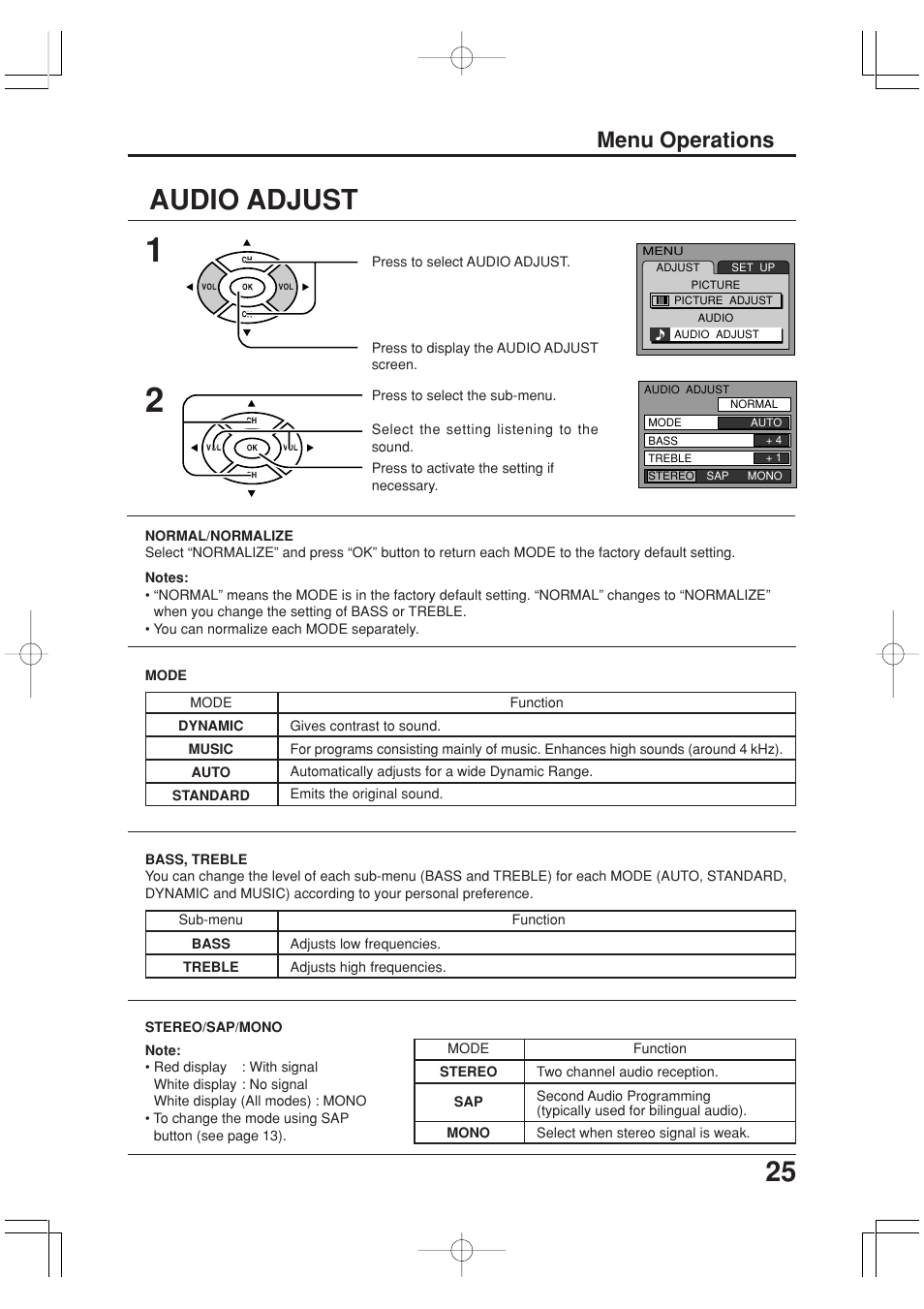 Audio adjust, 25 audio adjust, Menu operations | Panasonic TC-20LA2 User Manual | Page 25 / 40