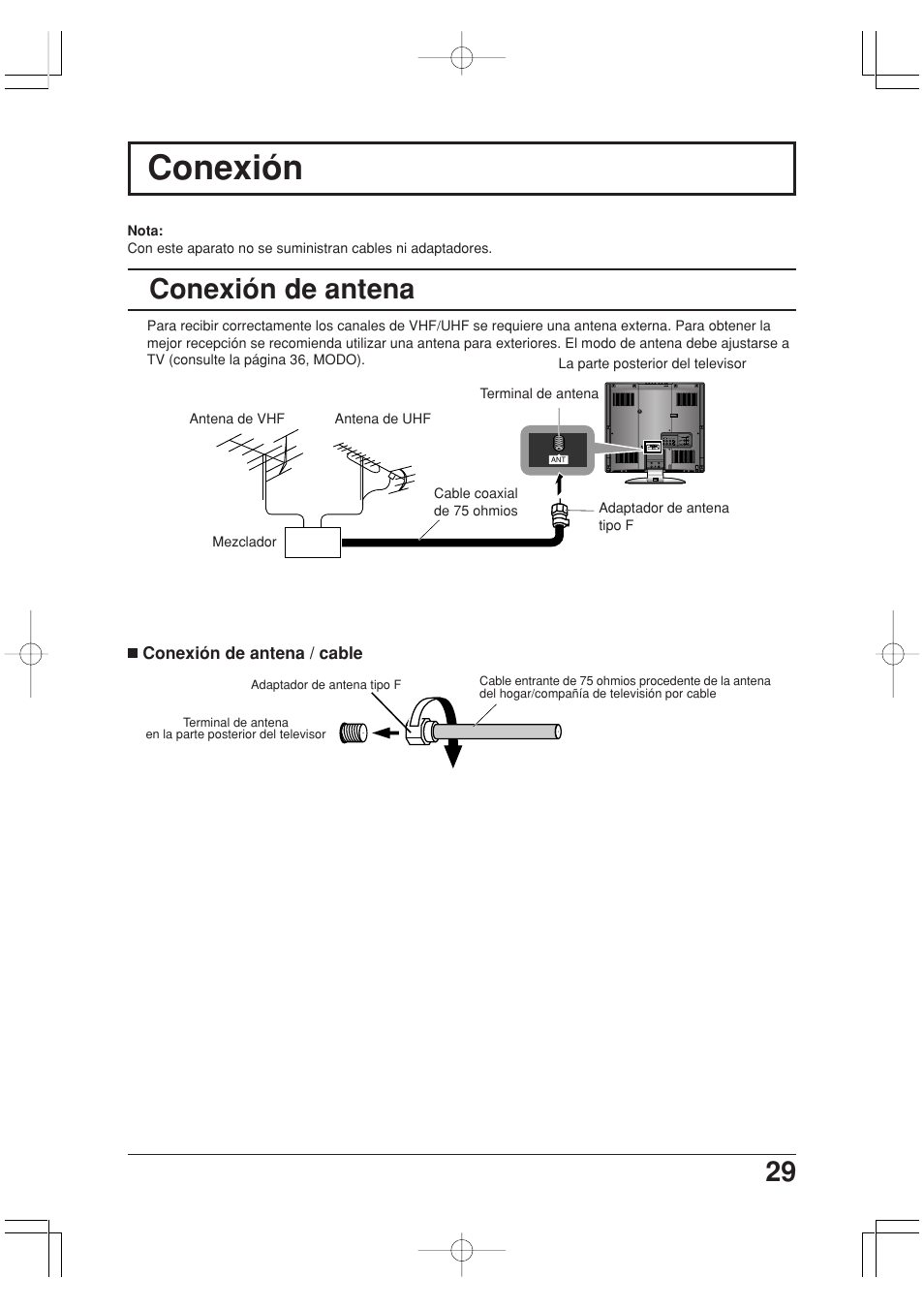 Conexion, Conexion de antena, Conexion de antena / cable | Conexión, 29 conexión de antena | Panasonic TC-20LA2 User Manual | Page 29 / 40