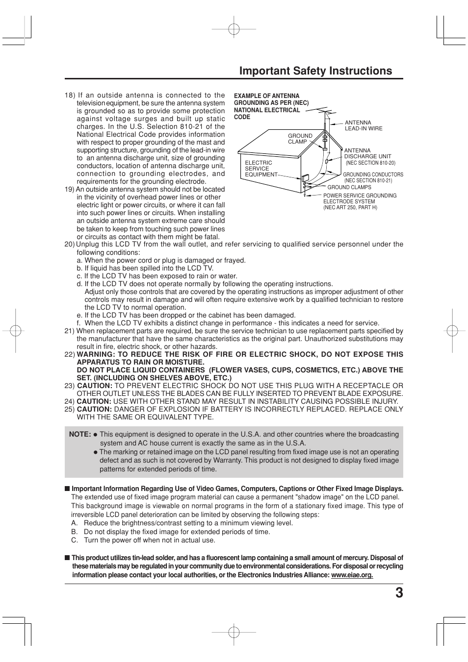 Important safety instructions | Panasonic TC-20LA2 User Manual | Page 3 / 40