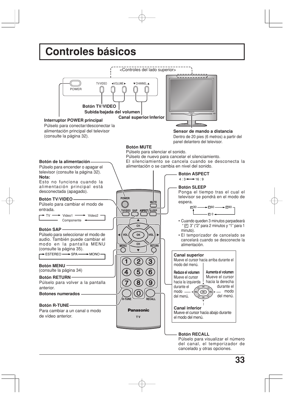 Controles basicos, Controles básicos | Panasonic TC-20LA2 User Manual | Page 33 / 40