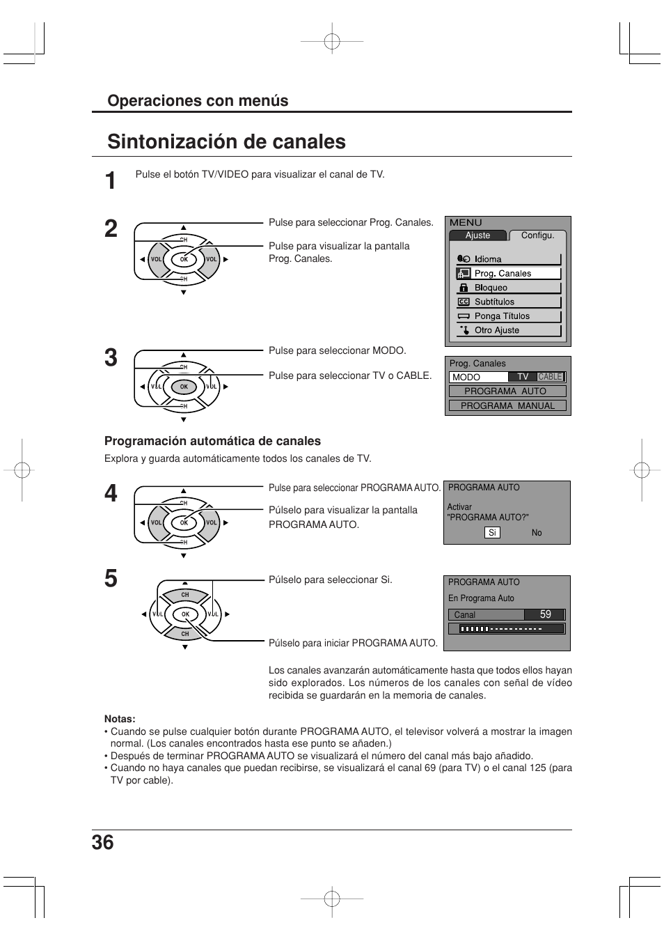 Sintonizacion de canales, 36 sintonización de canales, Operaciones con menús | Panasonic TC-20LA2 User Manual | Page 36 / 40