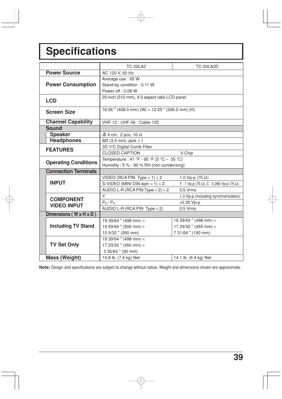 Specifications | Panasonic TC-20LA2 User Manual | Page 39 / 40