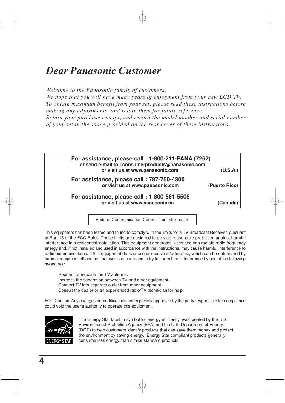 Dear panasonic customer | Panasonic TC-20LA2 User Manual | Page 4 / 40