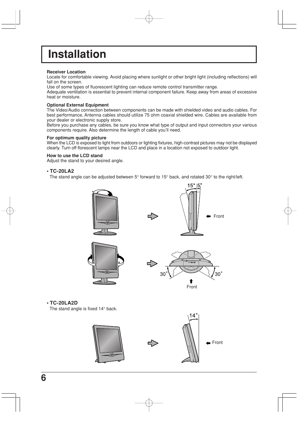 Installation | Panasonic TC-20LA2 User Manual | Page 6 / 40