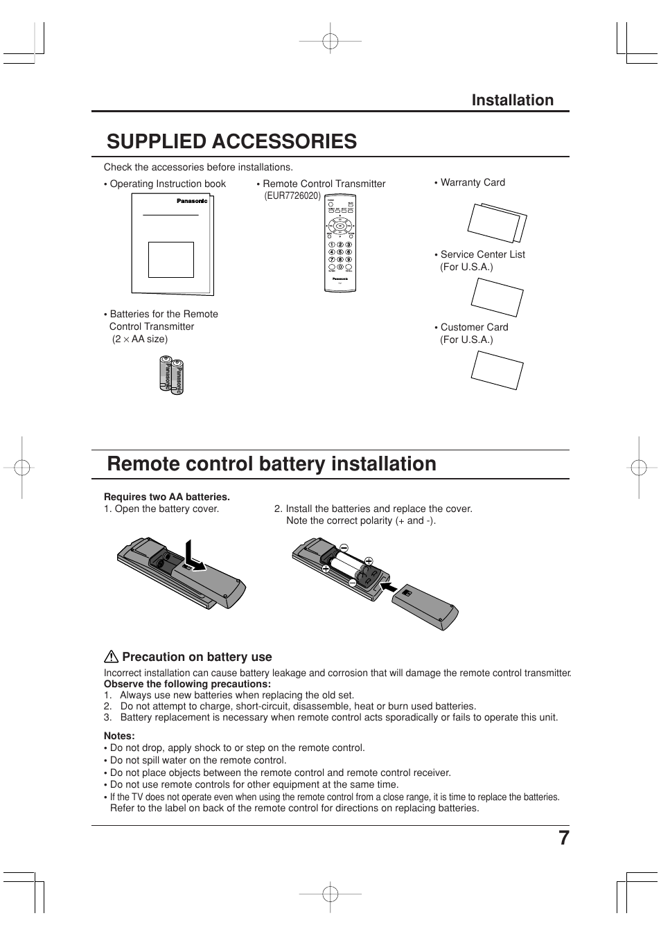 Supplied accessories, Remote control battery installation, Installation | Panasonic TC-20LA2 User Manual | Page 7 / 40