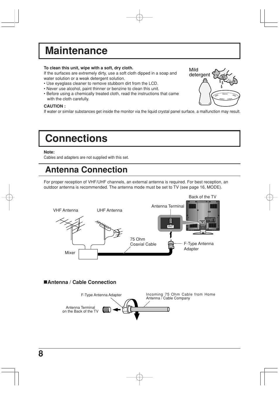 Maintenance, Connections, Antenna connection | Panasonic TC-20LA2 User Manual | Page 8 / 40