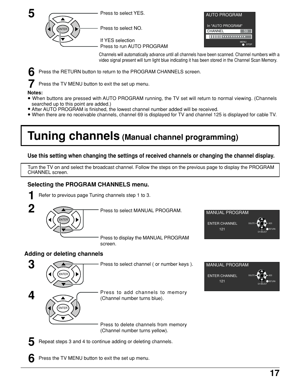 Tuning channels (manual channel programming), Tuning channels, Manual channel programming) | Panasonic TC 15LV1 User Manual | Page 17 / 64