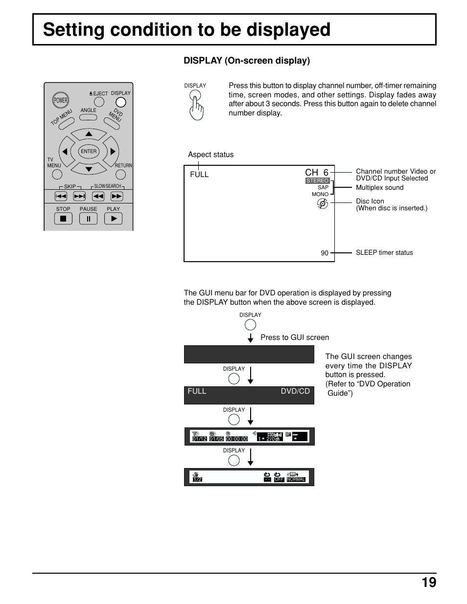 Setting condition to be displayed, Display (on-screen display), Ch 6 | Panasonic TC 15LV1 User Manual | Page 19 / 64