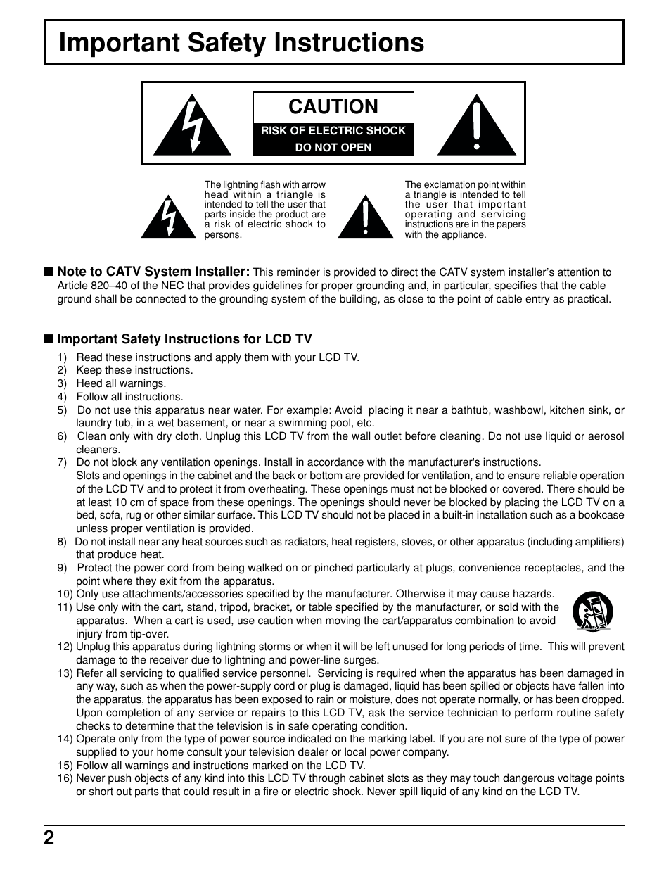 Important safety instructions, Caution | Panasonic TC 15LV1 User Manual | Page 2 / 64