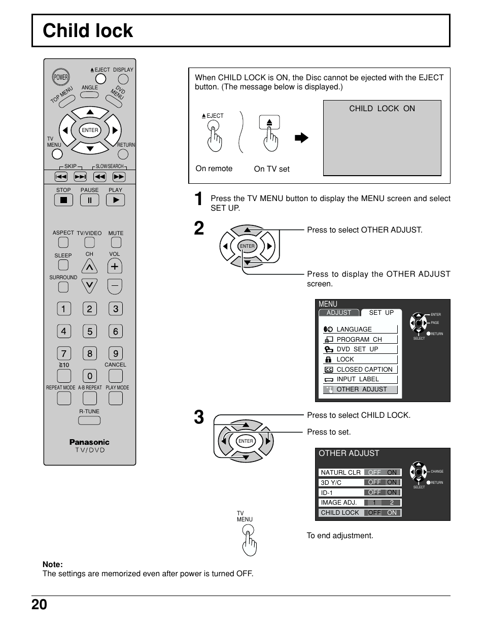 Child lock | Panasonic TC 15LV1 User Manual | Page 20 / 64