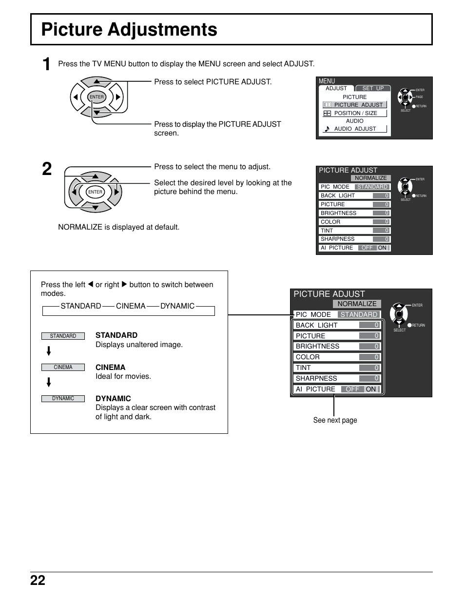 Picture adjustments, Picture adjust | Panasonic TC 15LV1 User Manual | Page 22 / 64