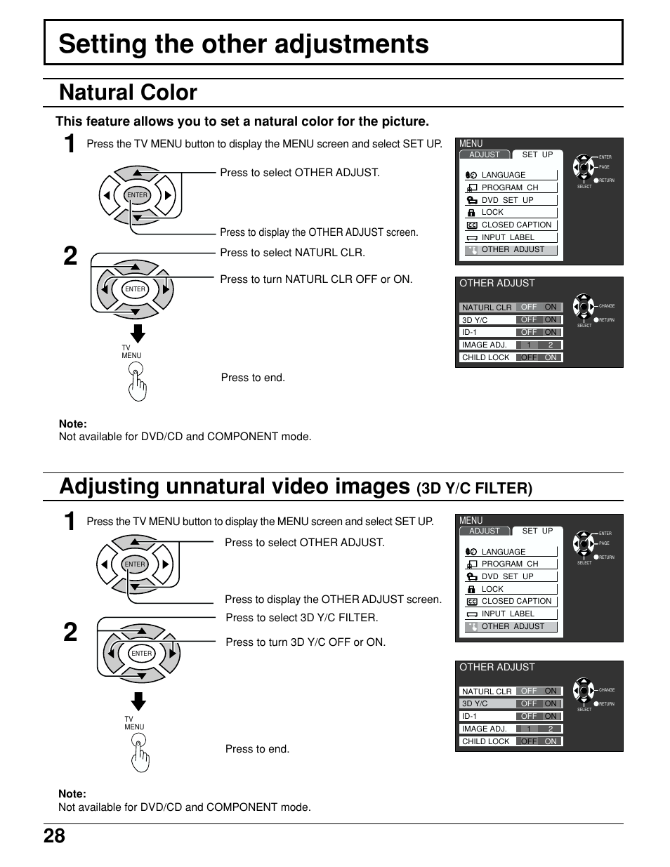 Setting the other adjustments, Natural color adjusting unnatural video images, 3d y/c filter) | Panasonic TC 15LV1 User Manual | Page 28 / 64