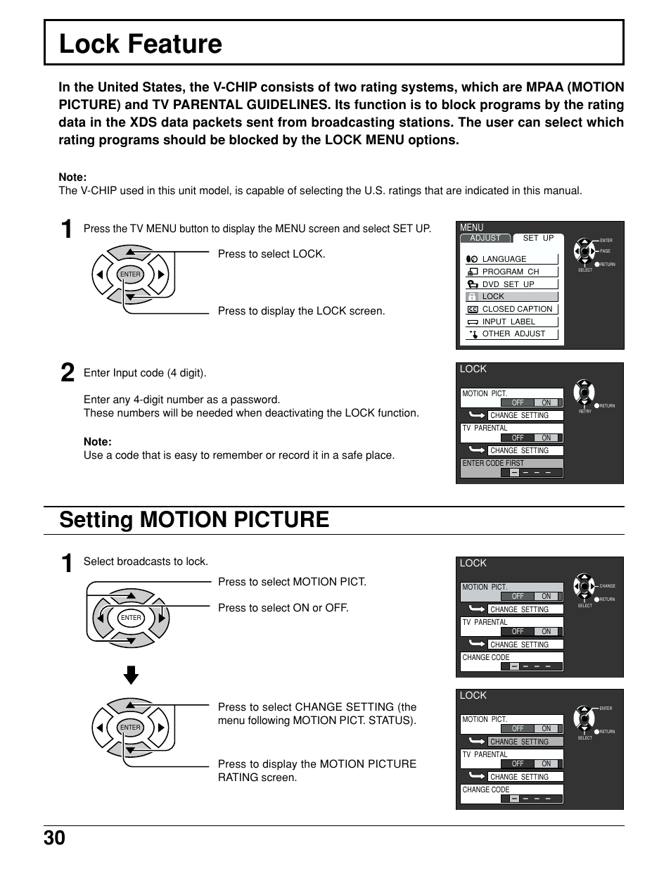 Lock feature, Setting motion picture | Panasonic TC 15LV1 User Manual | Page 30 / 64