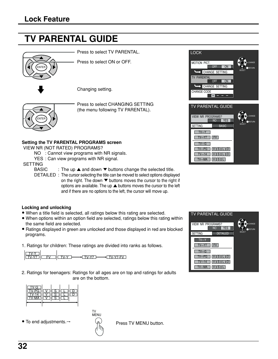 Tv parental guide, Lock feature | Panasonic TC 15LV1 User Manual | Page 32 / 64