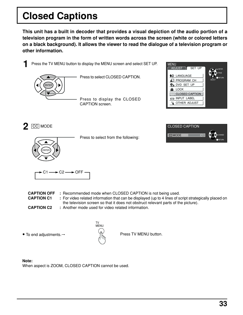 Closed captions | Panasonic TC 15LV1 User Manual | Page 33 / 64