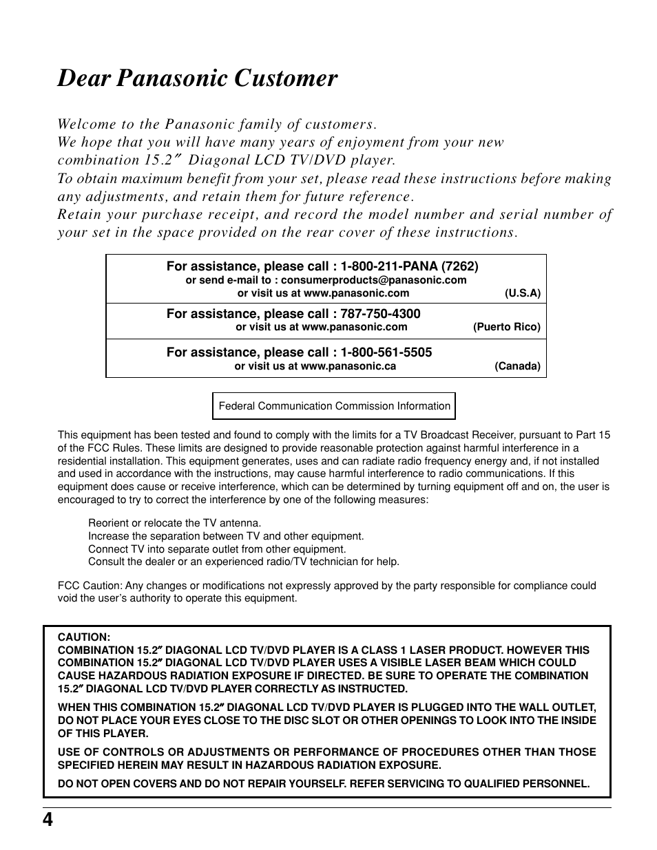 Dear panasonic customer | Panasonic TC 15LV1 User Manual | Page 4 / 64