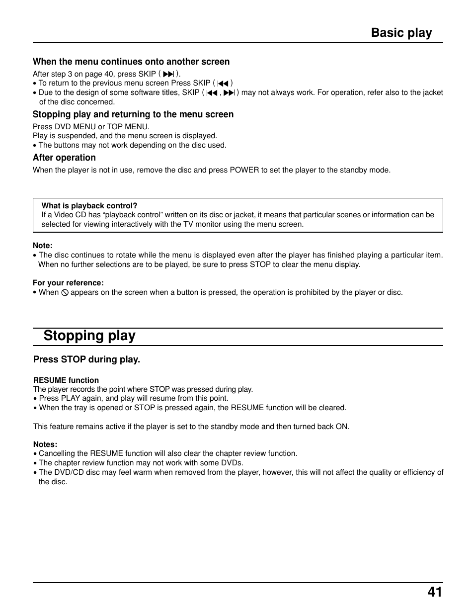 Stopping play, Basic play | Panasonic TC 15LV1 User Manual | Page 41 / 64