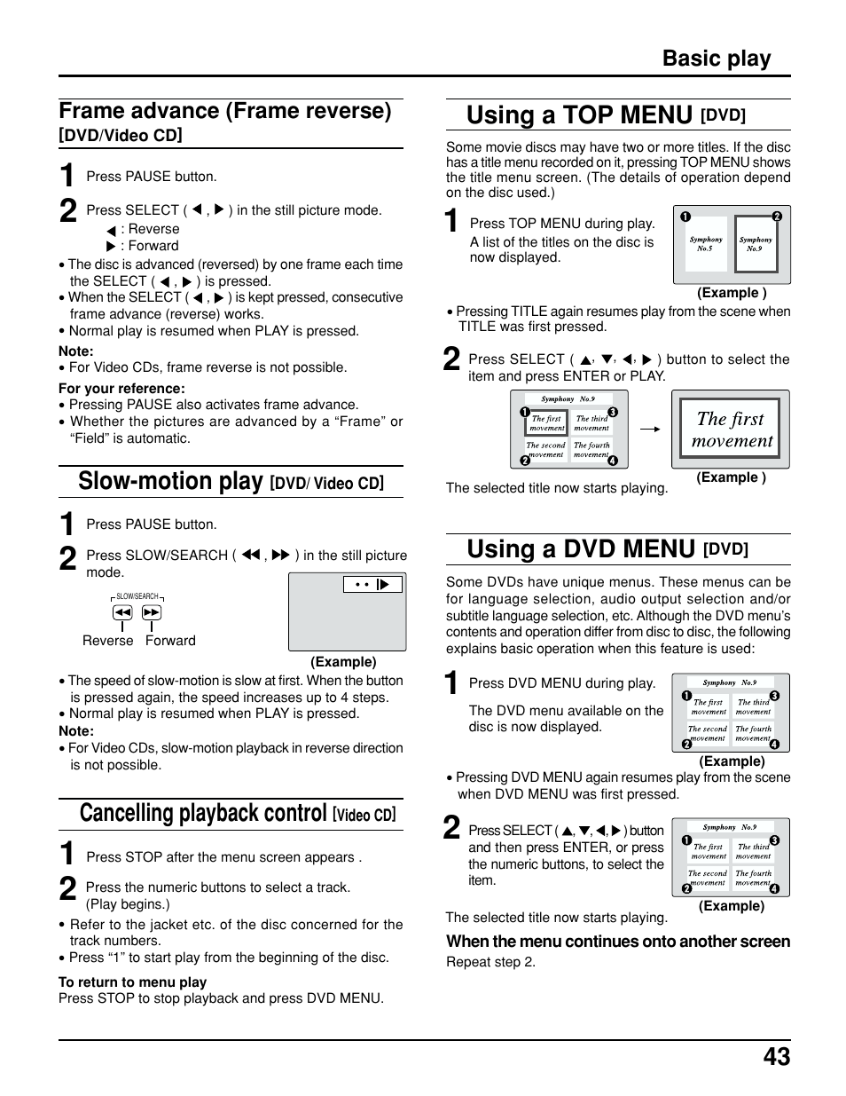 Slow-motion play, Cancelling playback control, Using a top menu | Using a dvd menu, Frame advance (frame reverse), Basic play | Panasonic TC 15LV1 User Manual | Page 43 / 64