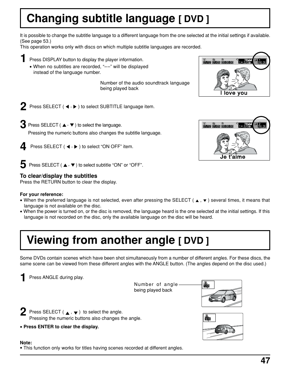 Changing subtitle language [dvd, Viewing from another angle [dvd, Changing subtitle language | Viewing from another angle | Panasonic TC 15LV1 User Manual | Page 47 / 64