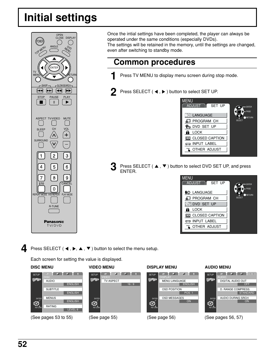 Initial settings, Initial settings 1, Common procedures | Press select ( , ) button to select set up, Menu | Panasonic TC 15LV1 User Manual | Page 52 / 64