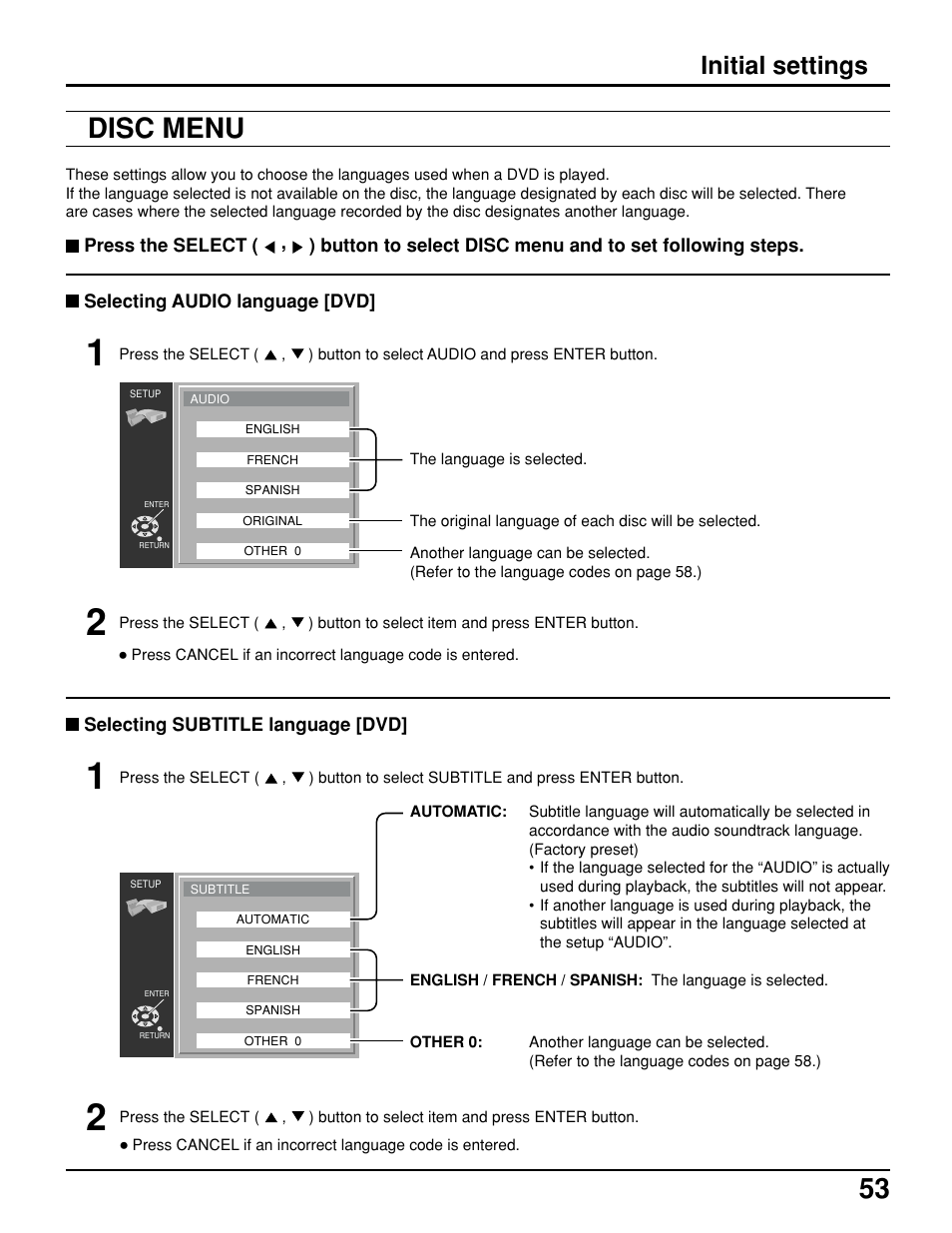 Disc menu, Initial settings | Panasonic TC 15LV1 User Manual | Page 53 / 64