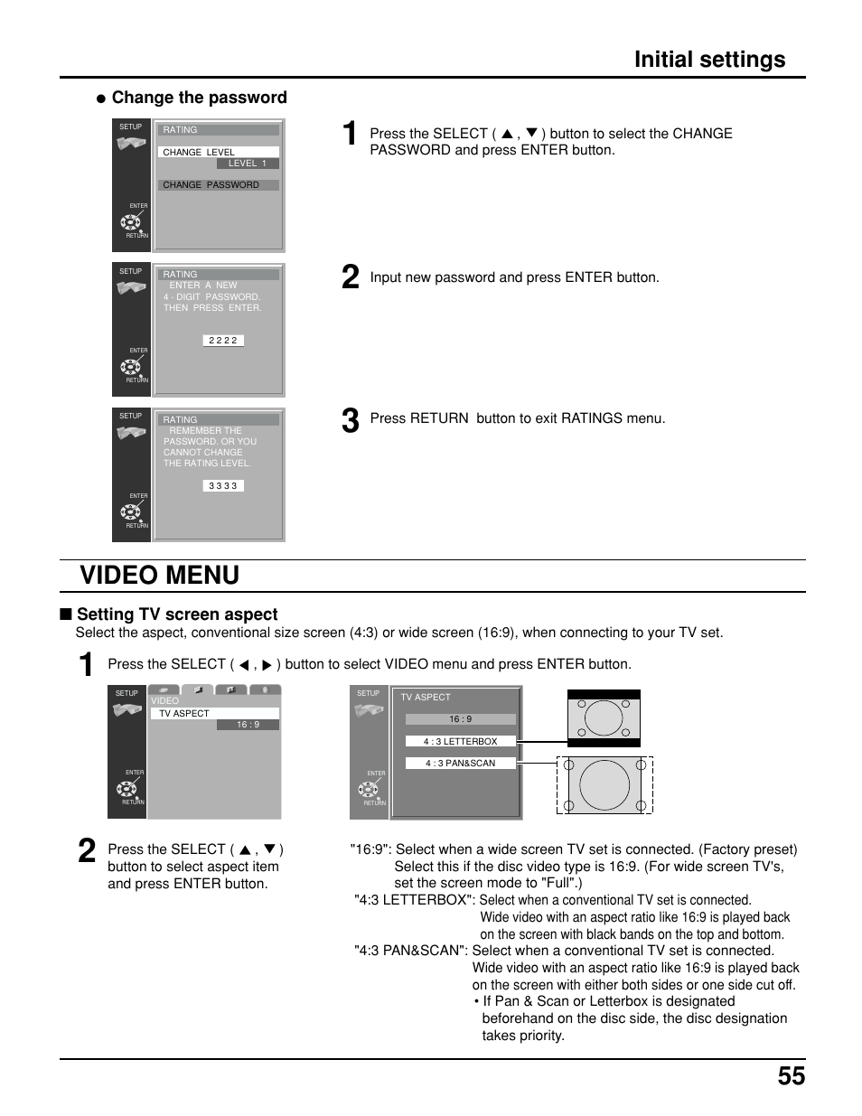 Video menu, Initial settings, Setting tv screen aspect | Change the password | Panasonic TC 15LV1 User Manual | Page 55 / 64