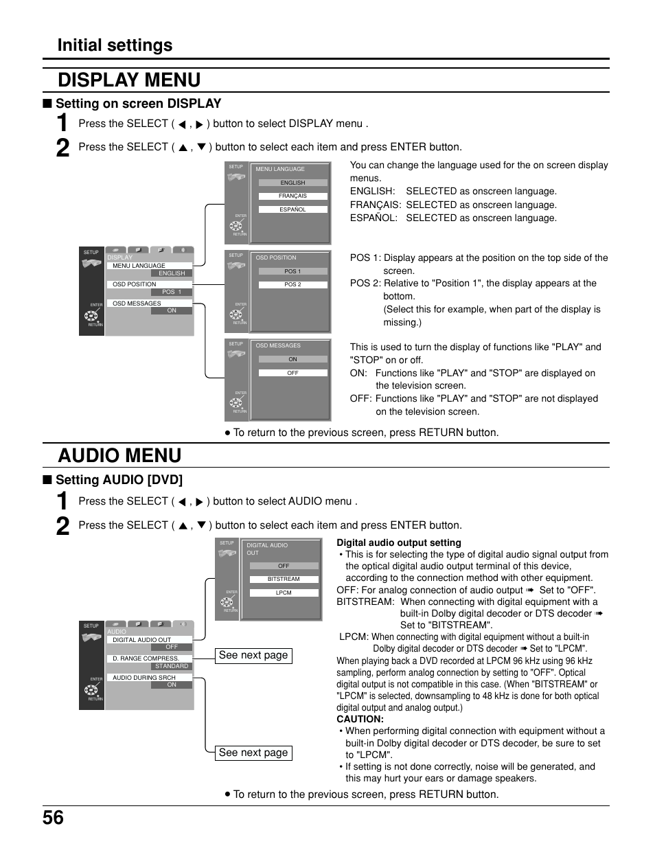 Display menu, Audio menu, Initial settings | Setting on screen display, Setting audio [dvd | Panasonic TC 15LV1 User Manual | Page 56 / 64