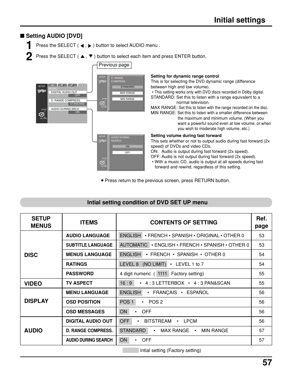 Initial settings, Display items contents of setting, Ref. page | Setting audio [dvd | Panasonic TC 15LV1 User Manual | Page 57 / 64